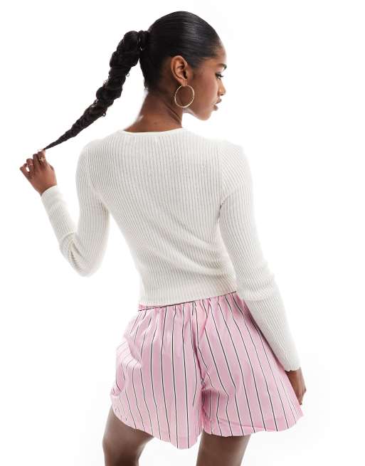 Brave Soul - Cremehvid ribstrikket cardigan med knapper, 4 af 4