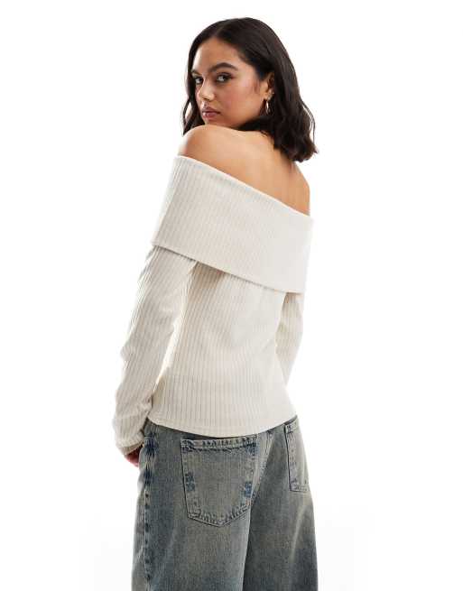 Brave Soul - Cremehvid ribstrikket offshoulder-trøje, 3 af 4