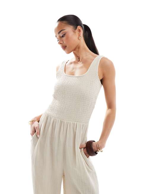 Brave Soul - Cremehvidt jumpsuit med dyb rund hals, 2 af 4