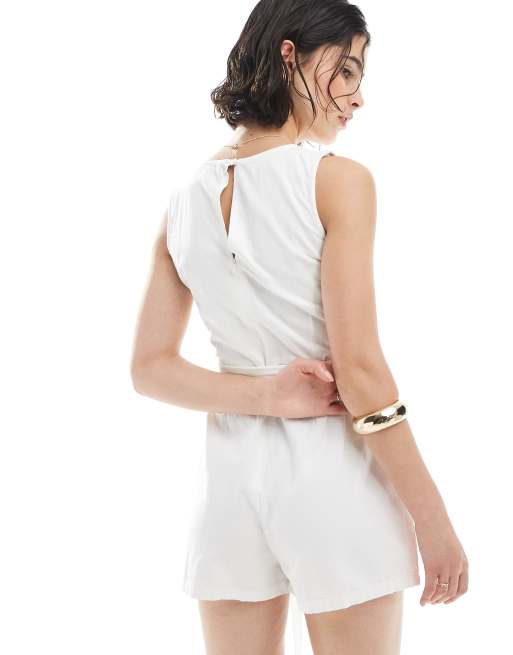 Brave Soul - Cremehvidt playsuit med bindetalje i hørlook, 3 af 4