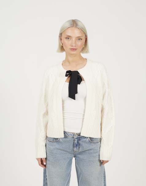 Brave Soul Crew neck cable knit cardigan with bow in cream