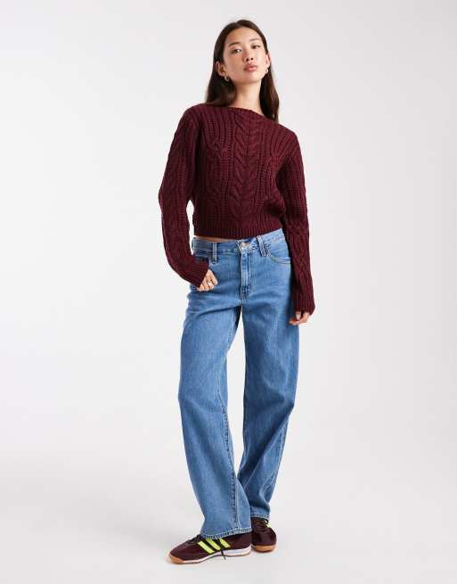 Brave Soul crew neck cable knit jumper in burgundy, 3 of 4