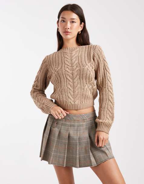 Brave Soul crew neck cable knit jumper in mink - view 1