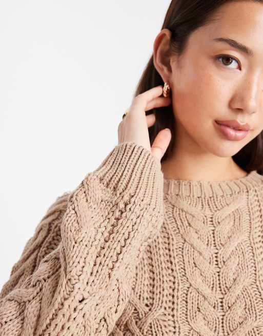 Brave Soul crew neck cable knit jumper in mink, 3 of 4