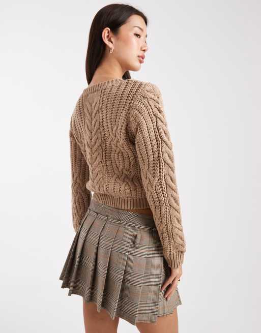 Brave Soul crew neck cable knit jumper in mink, 4 of 4