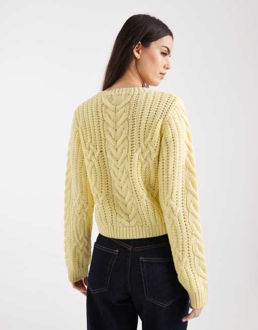 Brave Soul crew neck cable knit jumper in yellow, 3 of 4
