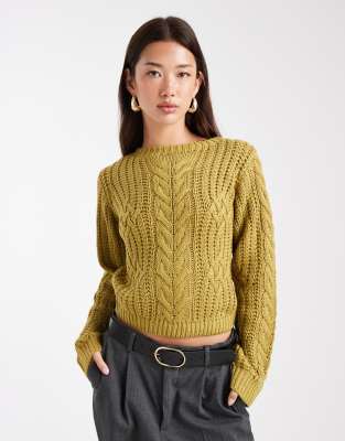 Brave Soul Crew Neck Cable Knit Sweater In Green