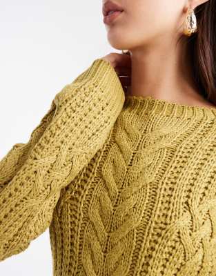 Brave Soul Crew Neck Cable Knit Sweater In Green