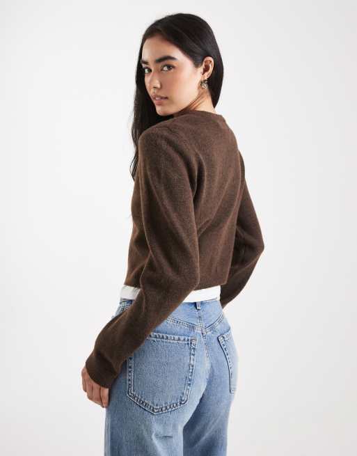 Brave Soul crew neck cardigan brown, 3 of 4