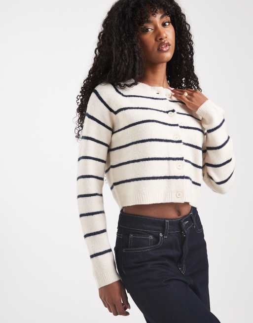 Brave Soul crew neck cardigan in stone and navy stripe