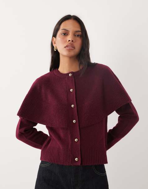 Brave Soul crew neck cardigan with cape detail in wine - view 1
