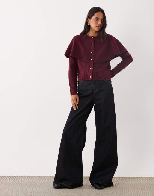 Brave Soul crew neck cardigan with cape detail in wine, 2 of 4