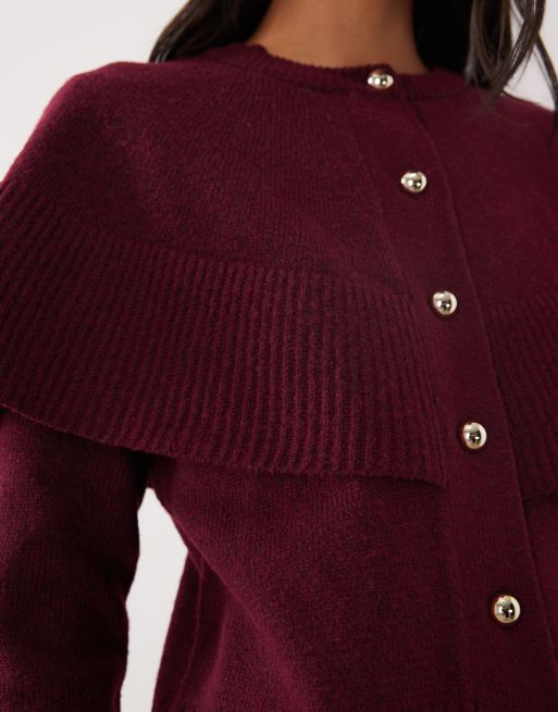 Brave Soul crew neck cardigan with cape detail in wine, 3 of 4