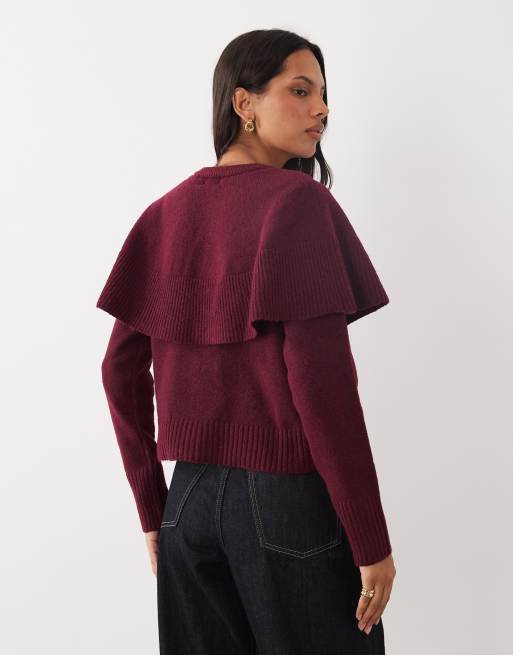 Brave Soul crew neck cardigan with cape detail in wine, 4 of 4