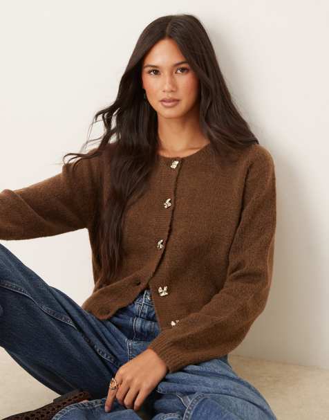 Brave Soul crew neck cardigan with contrast buttons in brown - view 1