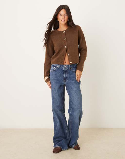 Brave Soul crew neck cardigan with contrast buttons in brown