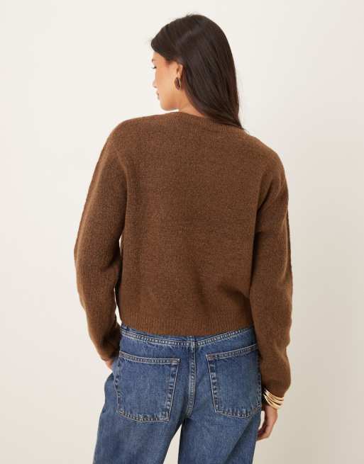 Brave Soul crew neck cardigan with contrast buttons in brown