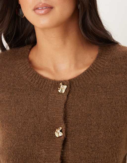 Brave Soul crew neck cardigan with contrast buttons in brown