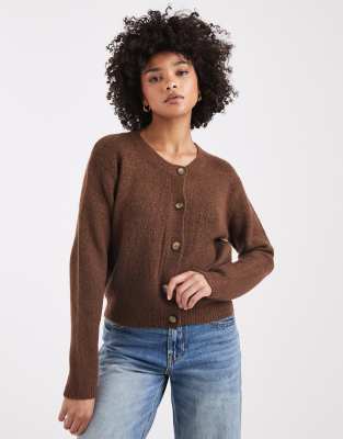 Brave Soul Crew Neck Cardigan With Contrast Buttons In Brown