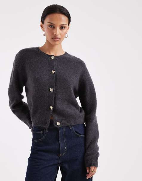 Brave Soul crew neck cardigan with contrast buttons in charcoal grey