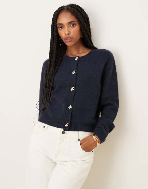 Brave Soul crew neck cardigan with contrast buttons in navy - view 1