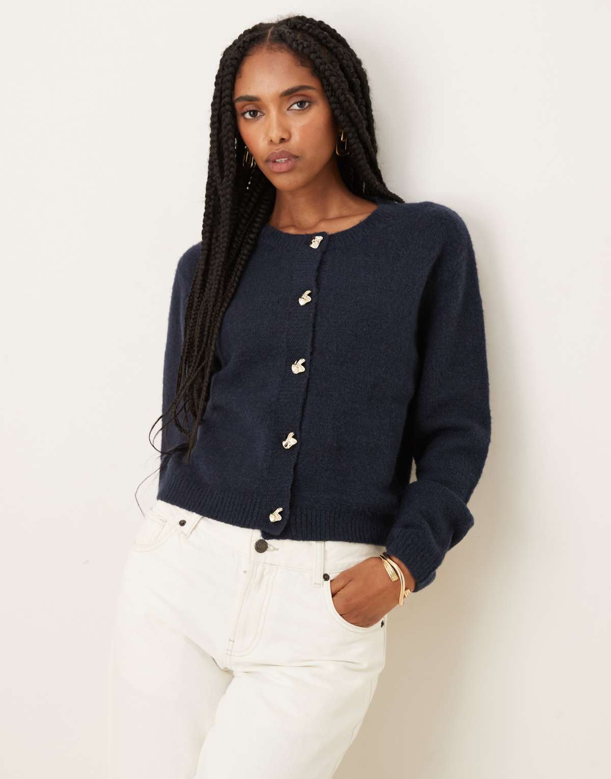 Brave Soul crew neck cardigan with contrast buttons in navy