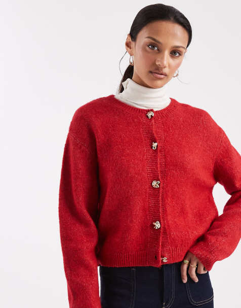 Brave Soul crew neck cardigan with contrast buttons in red