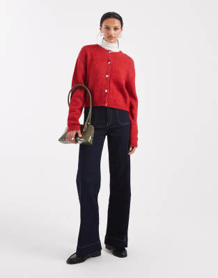 Brave Soul Crew Neck Cardigan With Contrast Buttons In Red