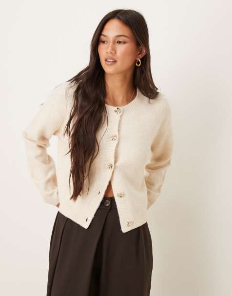 Brave Soul crew neck cardigan with contrast buttons in stone - view 1