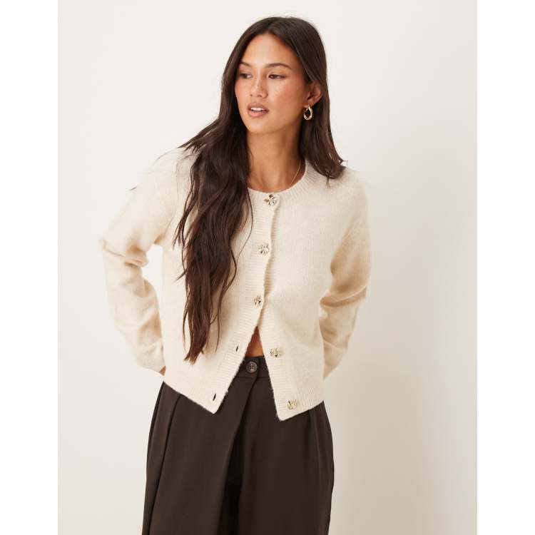 Brave Soul crew neck cardigan with contrast buttons in stone ASOS
