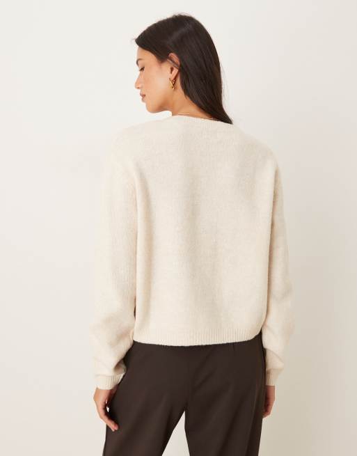 Brave Soul crew neck cardigan with contrast buttons in stone, 3 of 4