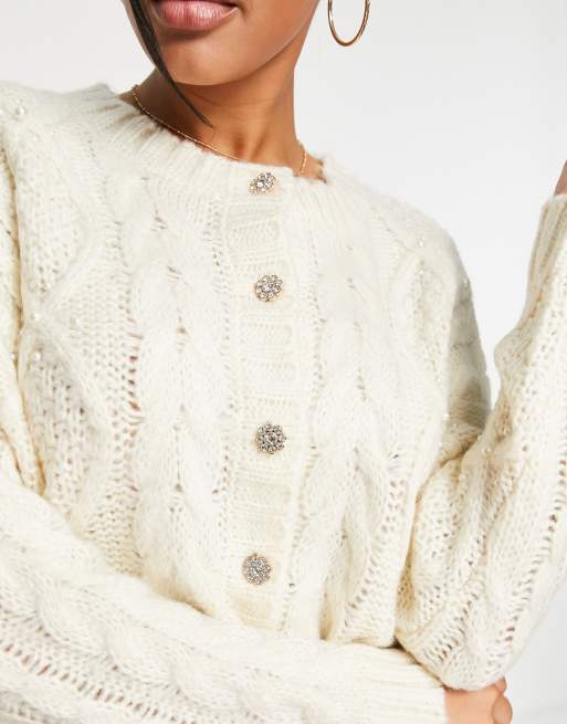 Brave Soul crew neck cardigan with embellished buttons in ivory, 3 of 4