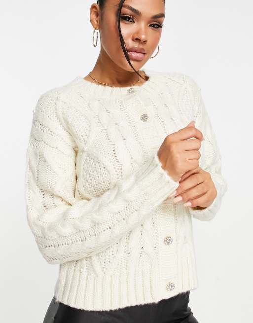 Brave Soul crew neck cardigan with embellished buttons in ivory | ASOS