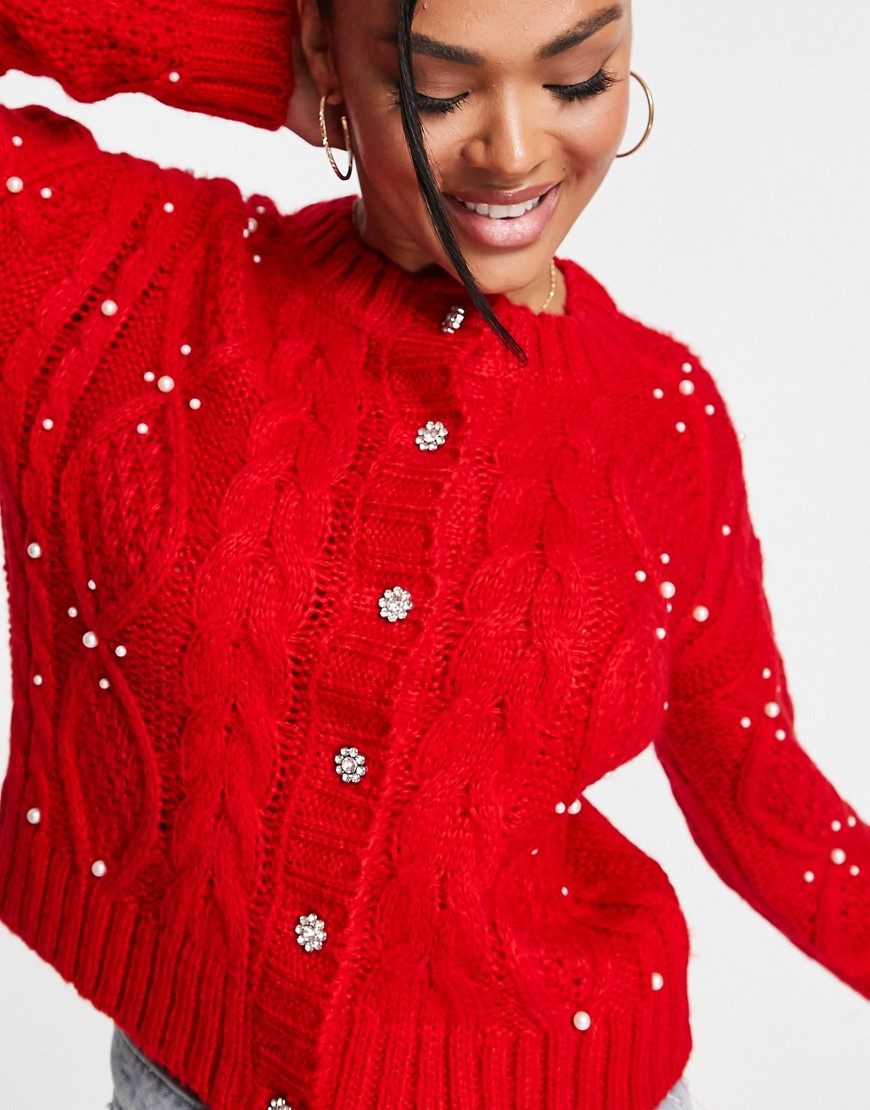 Brave Soul crew neck cardigan with embellished buttons in red