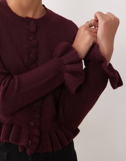 Brave Soul crew neck cardigan with frill cuff and hem in plum, 3 of 4