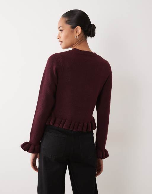 Brave Soul crew neck cardigan with frill cuff and hem in plum, 4 of 4