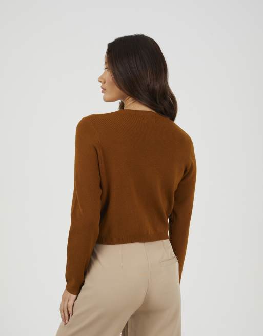 Brave Soul Crew neck cardigan with gold buttons in tan, 2 of 4