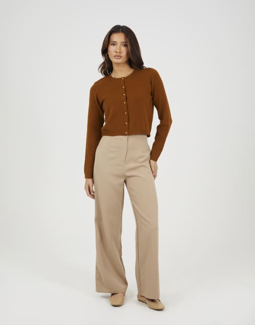 Brave Soul Crew neck cardigan with gold buttons in tan, 3 of 4