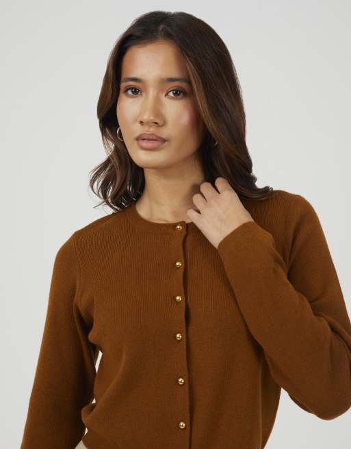 Brave Soul Crew neck cardigan with gold buttons in tan, 4 of 4