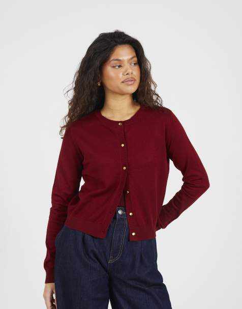 Brave Soul Crew neck cardigan with metallic buttons in wine - view 1