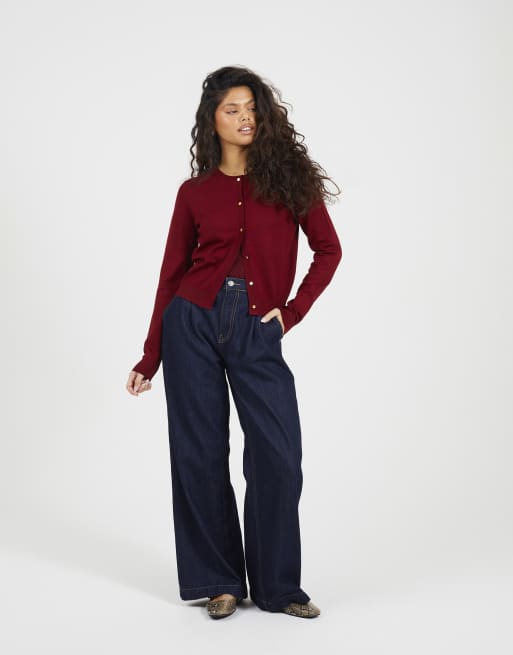 Brave Soul Crew neck cardigan with metallic buttons in wine, 2 of 4