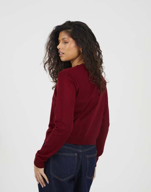 Brave Soul Crew neck cardigan with metallic buttons in wine, 3 of 4