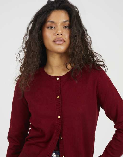 Brave Soul Crew neck cardigan with metallic buttons in wine, 4 of 4