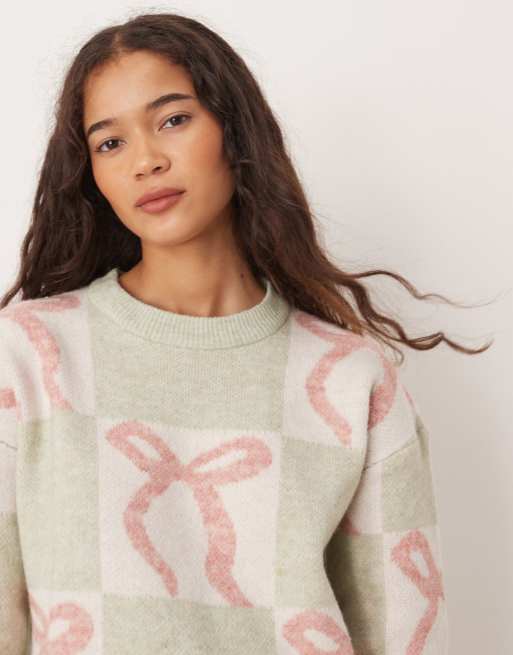 Brave Soul crew neck christmas jumper wtith bow print in sage green, 4 of 4