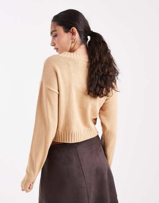 Brave Soul crew neck cropped cardigan in camel, 2 of 4