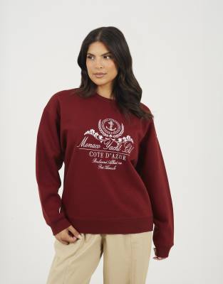 Brave Soul Crew neck embroidered sweatshirt in burgundy