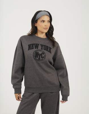 Brave Soul Crew neck embroidered sweatshirt in charcoal-Grey