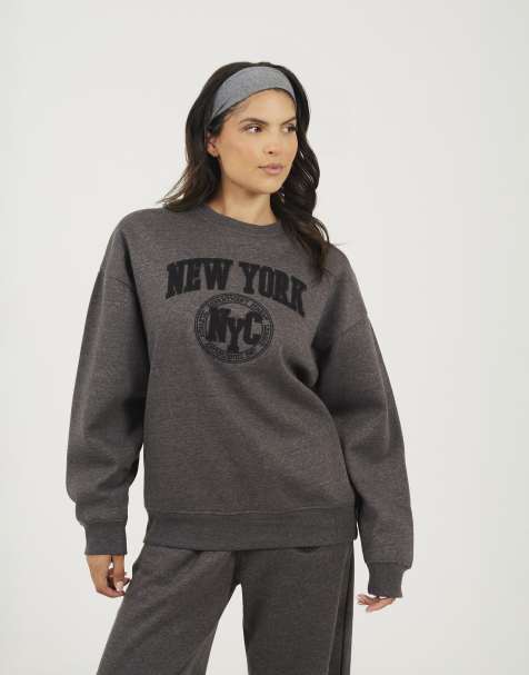 Brave Soul Crew neck embroidered sweatshirt in charcoal