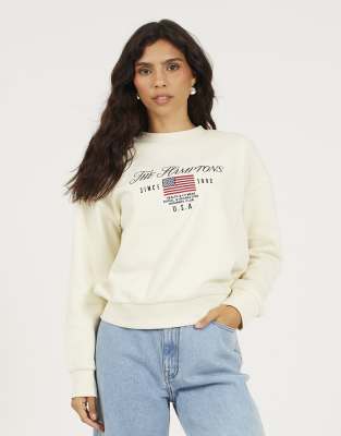 Brave Soul Crew neck embroidered sweatshirt in cream-White