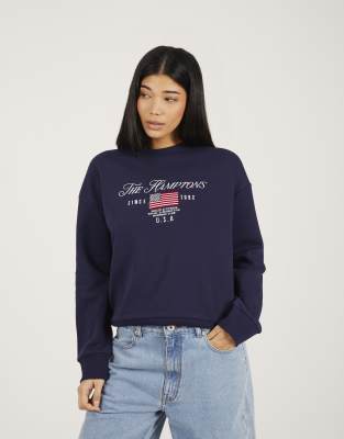 Brave Soul Crew neck embroidered sweatshirt in navy